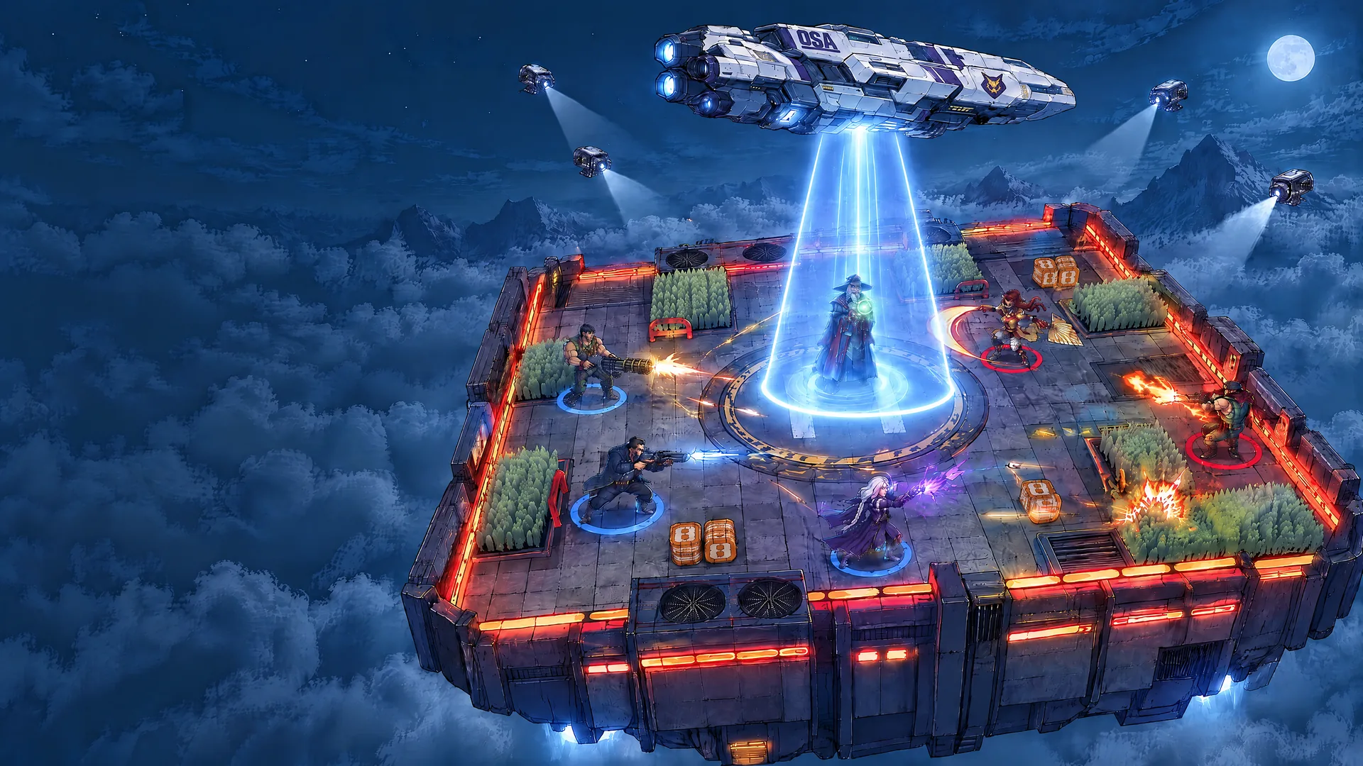 The game's 3v3 arena above the clouds mid-battle, with the OSA corporation ship above