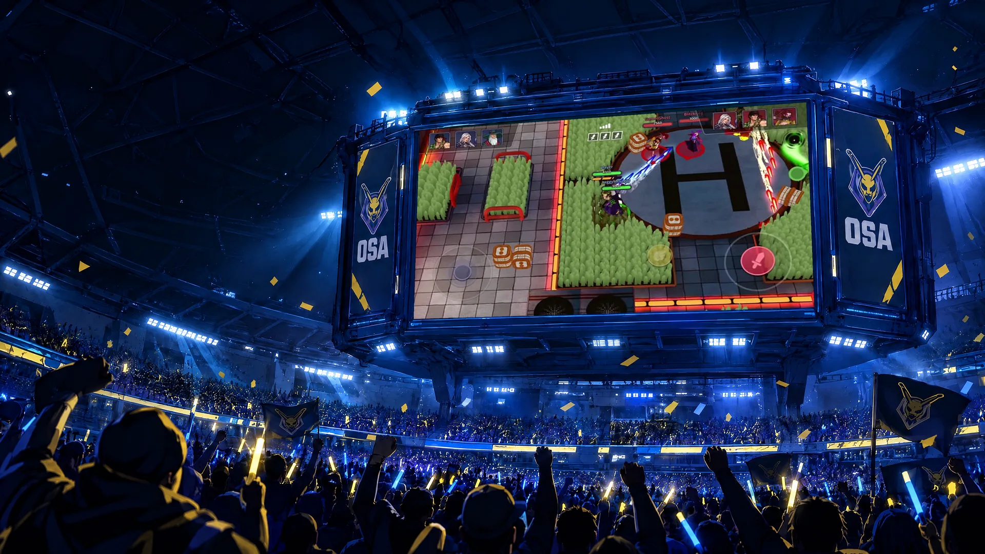 A stadium full of OSA fans watching a 3v3 fight on a giant screen